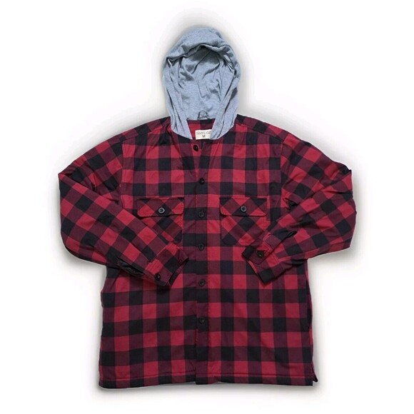 Plaid Flannel Men's Medium Jacket Hooded Quilted Lining Button Front Red Shacket - Picture 1 of 11